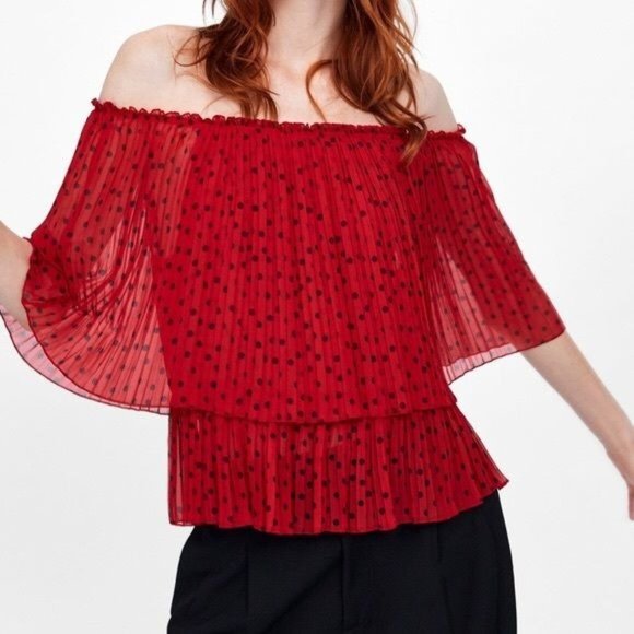 Zara Women Pleated Off Shoulder Blouse Top Polka Dot Red Black Size X Small - Picture 1 of 7